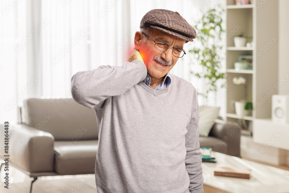 Fototapeta premium Elderly man with stiff neck feeling dizzy