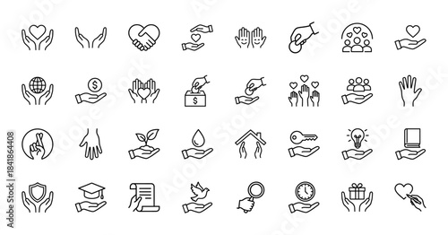 Charity and donation line icon set. Vector pictograms of hands holding heart, money, gift, dove, house, globe, volunteer group, and box, thin outline illustration.