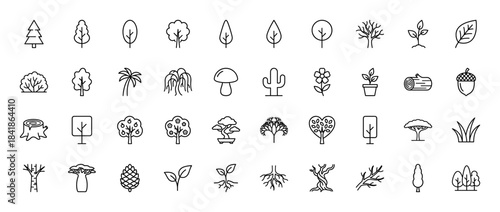 Nature and tree line icon set. Vector pictograms of pine, leaf, bush, palm, mushroom, cactus, flower, log, acorn, stump, bonsai and roots, thin outline illustration.
