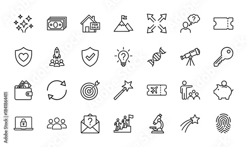 Business and startup line icon set. Vector pictograms of rocket, target, money, shield, telescope, microscope, dna, wallet, key and laptop, thin outline illustration.