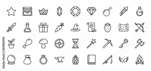 Fantasy game line icon set. Vector pictograms of sword, shield, potion, treasure chest, magic wand, bow, map, scroll, crystals and food, thin outline illustration.