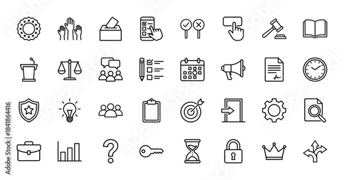 Voting and business line icon set. Vector pictograms of ballot box, gavel, scales, podium, target, briefcase, gear and strategy arrows, thin outline illustration.