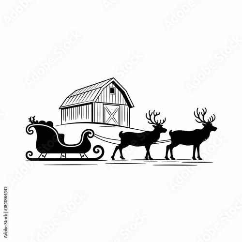 A silhouette of a sleigh pulled by two reindeer in front of a barn.