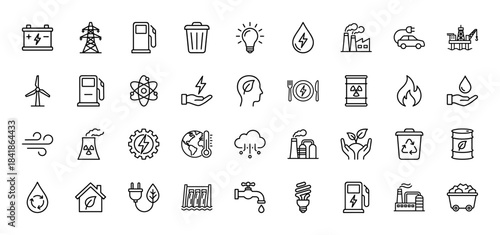 Energy and ecology line icon set. Vector pictograms of battery, wind turbine, nuclear plant, electric car, recycling, oil rig and power, thin outline illustration.