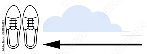 Walking movement. Illustration features shoes, a directional arrow, and a cloud motif to motion and travel. Walking movement promotes fitness, sustainability, goals, and exploration. For travel