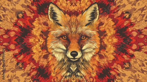 Colorful fox design with a detailed background of leaves and flowers in orange and yellow tones