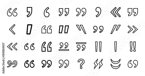 Quote marks and punctuation line icon set. Vector pictograms of commas, apostrophes, speech symbols, dialogue brackets and typography signs, thin outline illustration.