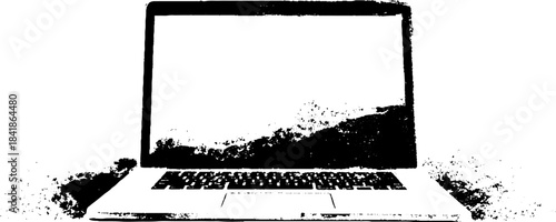 Minimalist black and white laptop stencil illustration for digital art design