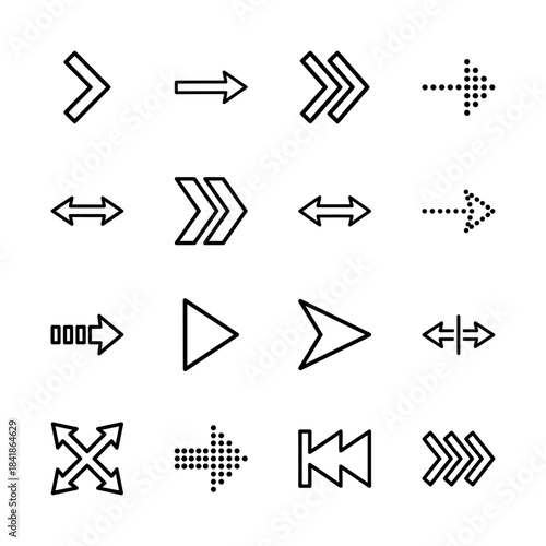 Navigation line icon set. Vector pictograms of arrows, pointers, cursors, direction signs, chevrons, next, back, move, resize and turn symbols, thin outline illustration.