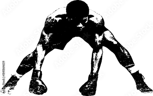 Dynamic boxer stance in black and white stencil illustration