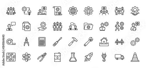 Engineering and construction line icon set. Vector pictograms of worker, gear, tools, hammer, wrench, bridge, rocket, chemistry, and truck, thin outline illustration.