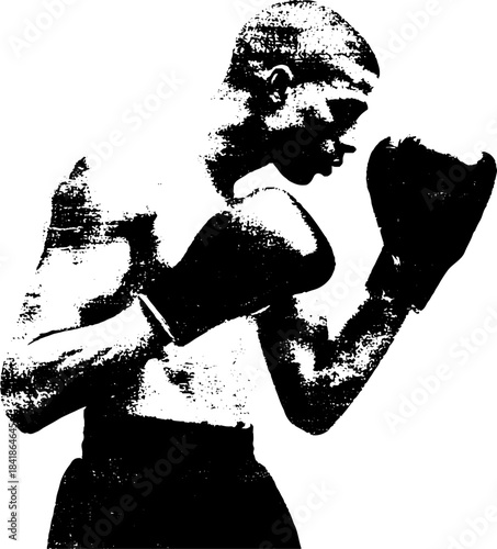 Black and white stencil illustration of boxer in fighting stance for urban wall art and design