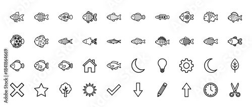 Fish and general interface line icon set. Vector pictograms of sea animals, home, gear, bulb, star, sun, check, arrow and scissors, thin outline illustration.