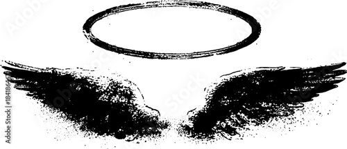 Black and white graffiti stencil of broken halo with wings for urban art and design