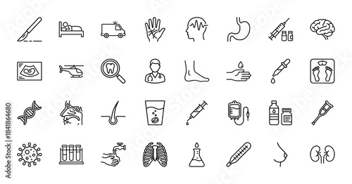 Medical and healthcare line icon set. Vector pictograms of scalpel, ambulance, stomach, brain, dna, virus, lungs, kidney, doctor, thin outline illustration.