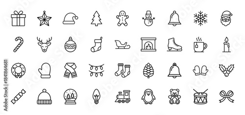 Christmas and winter holiday line icon set. Vector pictograms of santa, reindeer, snowman, tree, gift, bell, snowflake, wreath, thin outline illustration.