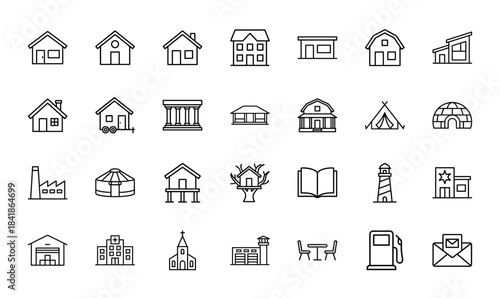Building and architecture line icon set. Vector pictograms of house, store, factory, hospital, church, lighthouse, gas station, warehouse, thin outline illustration.