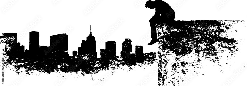 Fototapeta premium Urban solitude: black and white stencil of city rooftop scene for artistic design