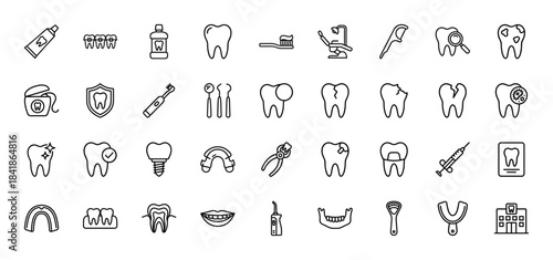 Dental care line icon set. Vector pictograms of tooth, toothbrush, braces, implant, dentist chair, syringe, x-ray and mouthwash, thin outline illustration.