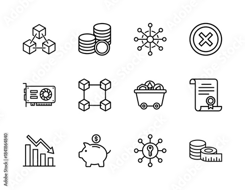Cryptocurrency and finance line icon set. Vector pictograms of blockchain, mining cart, gpu, smart contract, network, piggy bank and money, thin outline illustration.