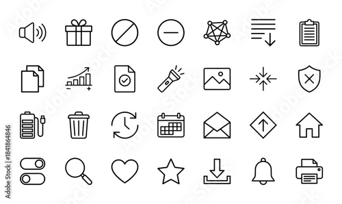 User interface line icon set. Vector pictograms of speaker, gift, clipboard, battery, calendar, mail, home, search and printer, thin outline illustration.