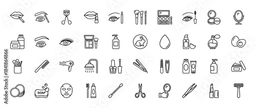 Beauty and cosmetics line icon set. Vector pictograms of lipstick, brushes, mirror, perfume, hairdryer, mascara, cream, nail polish and soap, thin outline illustration.
