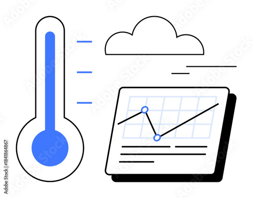 Thermometer measures climate fluctuations, cloud symbolizes weather dynamics, and graph tracks analytics. Ideal for weather forecast, climate change, data science, innovation, research
