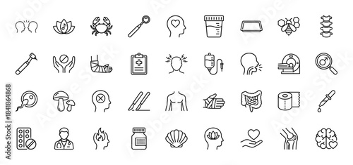 Medical and healthcare line icon set. Vector pictograms of brain, spine, doctor, surgery scalpel, dental tools, pills, anatomy, and first aid, thin outline illustration.