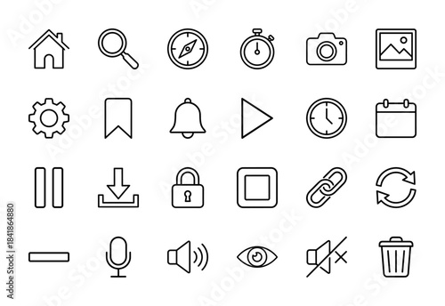 User interface line icon set. Vector pictograms of home, search, settings, clock, camera, microphone, trash, calendar and lock, thin outline illustration.
