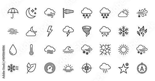 Weather line icon set. Vector pictograms of sun, cloud, rain, snow, lightning, tornado, thermometer, umbrella, wind, moon and stars, thin outline illustration.