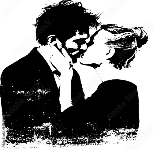 Black and white stencil of a couple embracing – urban romantic art