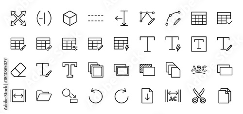 Graphic design line icon set. Vector pictograms of pen tool, layers, text font, table grid, eraser, scissors, crop, resize and undo actions, thin outline illustration.
