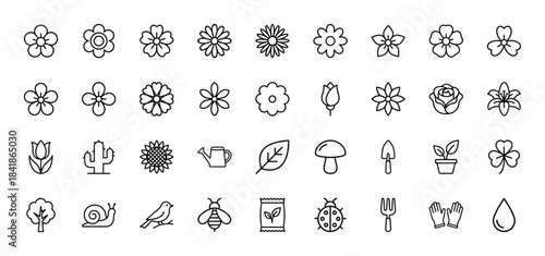 Nature and gardening line icon set. Vector pictograms of flowers, daisy, rose, tulip, cactus, leaf, tree, bee, watering can and tools, thin outline illustration.