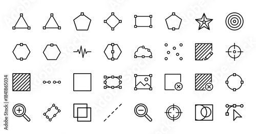 Graphic design tools line icon set. Vector pictograms of shapes, anchor points, pen, bezier curve, crop, zoom, layers, and transform, thin outline illustration.