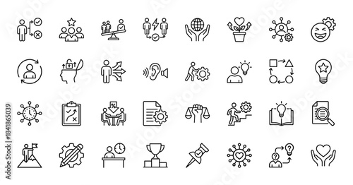 Soft skills and human resources line icon set. Vector pictograms of teamwork, leadership, empathy, communication, strategy and problem solving, thin outline illustration.