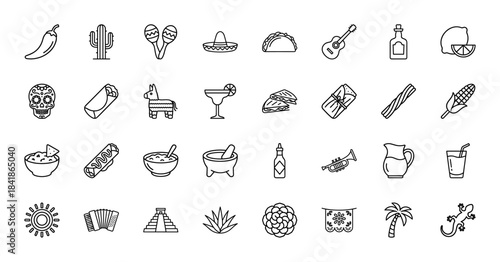 Mexican culture line icon set. Vector pictograms of taco, sombrero, cactus, tequila, guitar, skull, burrito, corn, pyramid and maracas, thin outline illustration.