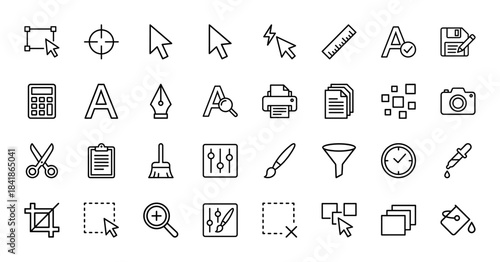 Graphic design tools line icon set. Vector pictograms of pen, brush, crop, layers, text, cursor, pipette, zoom, scissors and save, thin outline illustration.