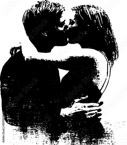 Romantic black and white stencil illustration of a hugging couple