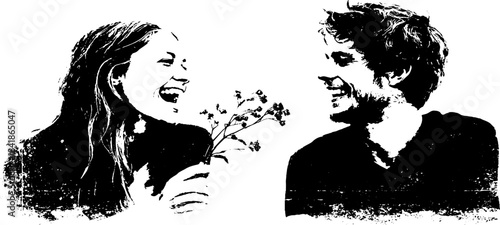 Joyful couple laughing in black and white stencil art