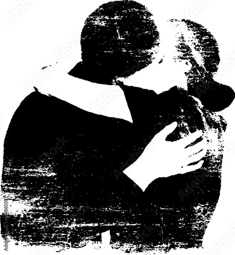 Black and white stencil of couple hugging for art print or poster design
