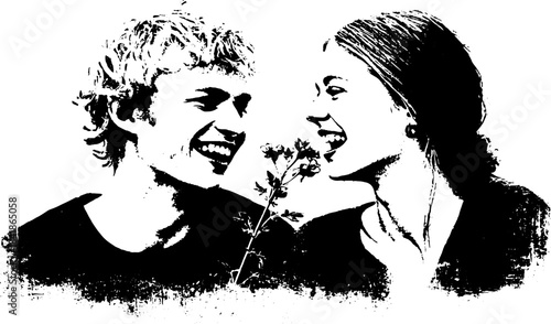 Joyful couple laughing in black and white stencil art for urban design projects