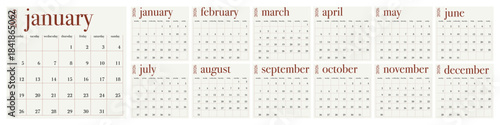 Classic monthly calendar for 2026. Calendar in the style of minimalist square shape. The week starts on Monday. English text. Brown