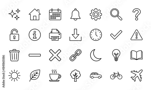 Universal user interface line icon set. Vector pictograms of home, calendar, settings, search, lock, clock, trash, link, sun, car and plane, thin outline illustration.