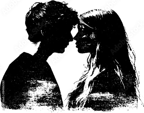 Romantic black and white stencil illustration of a couple in silhouette