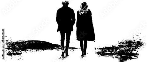 Black and white stencil art of a couple walking slowly - urban grunge design for posters