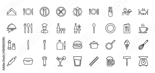 Restaurant and food line icon set. Vector pictograms of waiter, chef, menu, cutlery, burger, wine, kitchenware and dining table setting. Thin outline illustration.