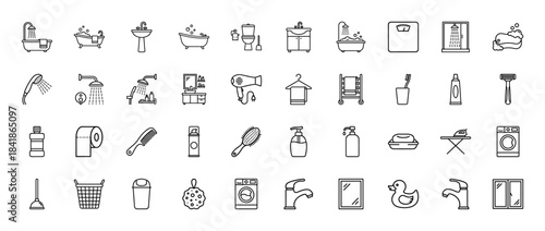 Bathroom line icon set. Vector pictograms of bathtub, shower, toilet, sink, mirror, towel, soap, washing machine, toothbrush and faucet, thin outline illustration.