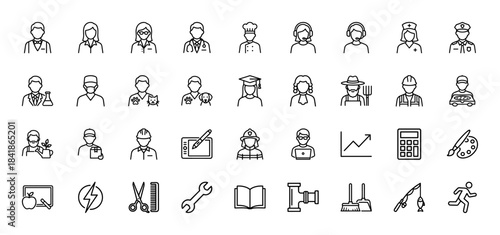 Professions and occupations line icon set. Vector pictograms of doctor, chef, police, farmer, engineer, teacher, firefighter, artist and tools, thin outline illustration.