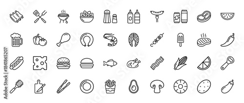 Barbecue and grilling line icon set. Vector pictograms of grill, steak, burger, sausage, beer, vegetables, picnic food and cooking utensils, thin outline illustration.