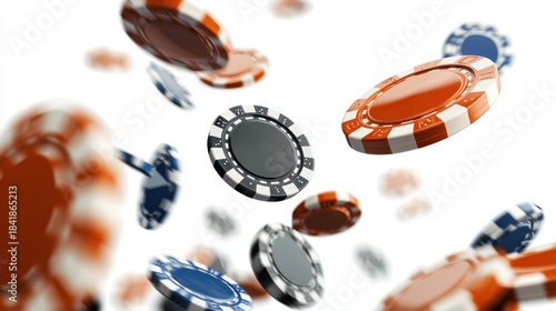 Colorful casino chips falling in mid-air with a clear background during a game night event